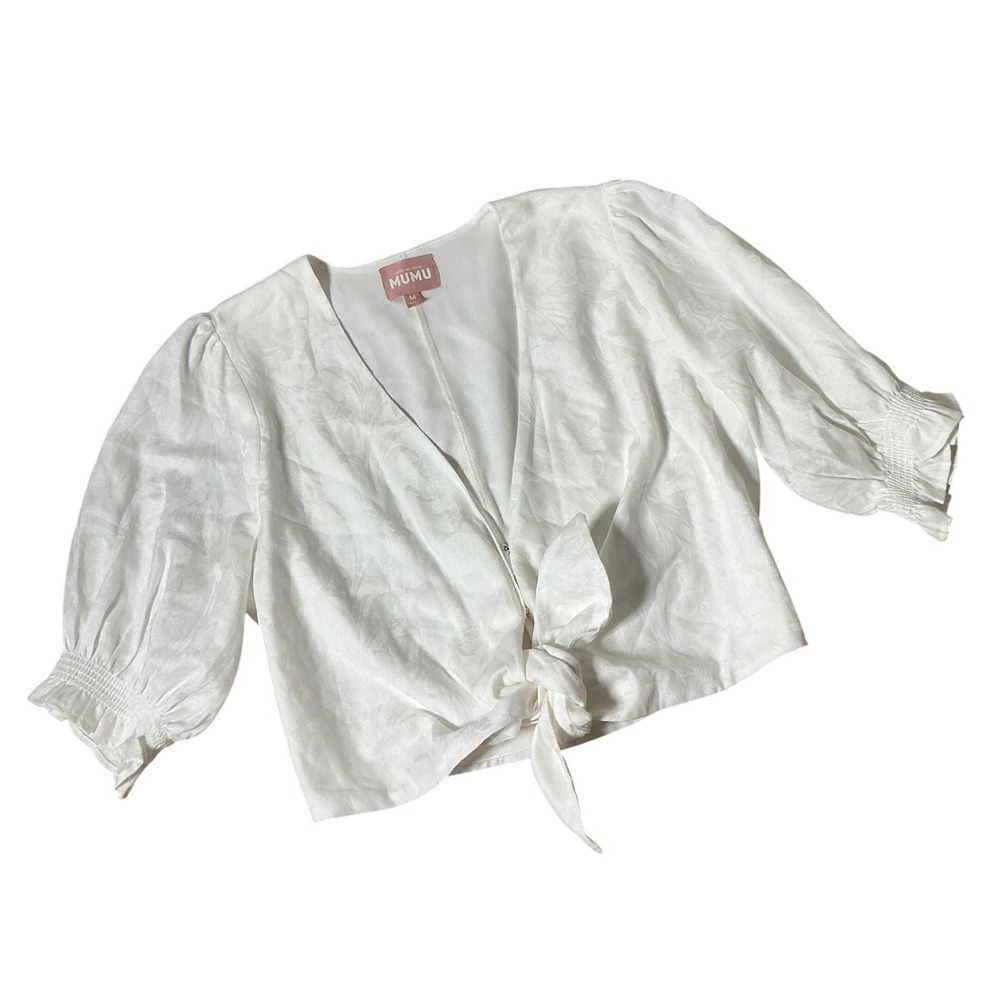 Show Me Your Mumu Floral Jacquard Tie Front Blouse Women M White Puff Sleeve Top